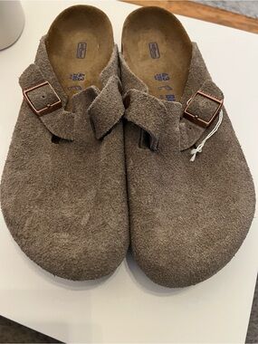 Birkenstock Suede Clogs in Brown with Copper Buckles
